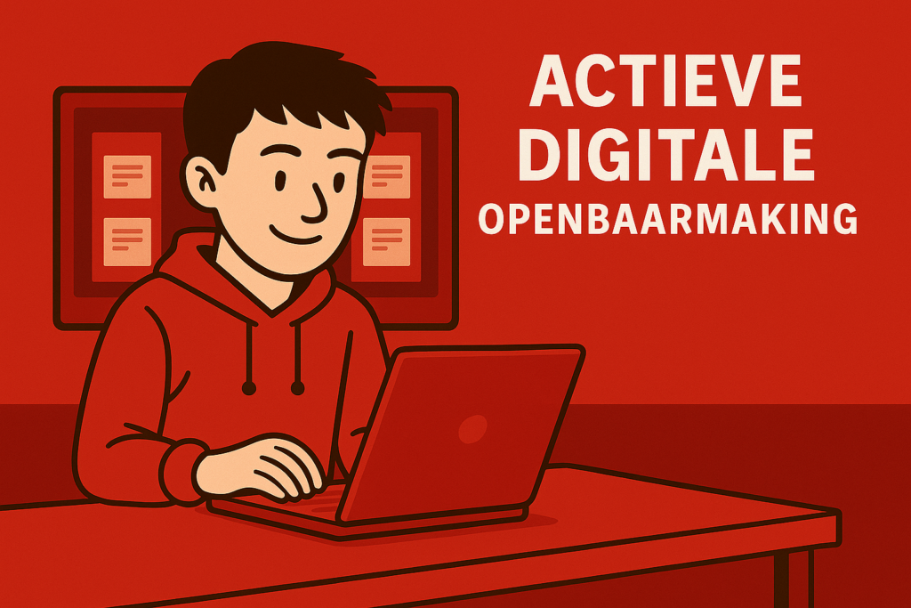 cartoon Actieve Digitale Openbaarmaking, mens achterlaptop met tekst actieve digitale openbaarmaking