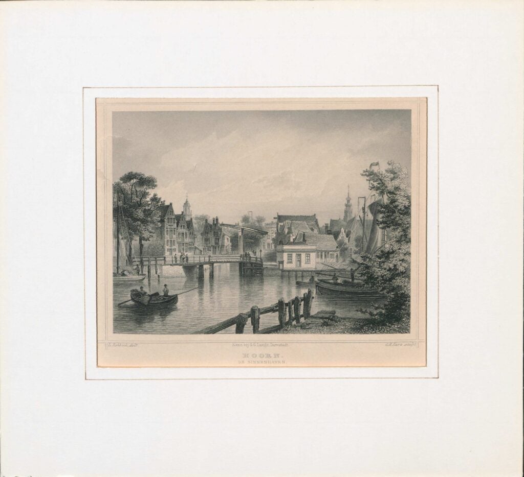 Prent uit het nalatenschap van Harry Kooij met een aanzicht op de binnenhaven in Hoorn.