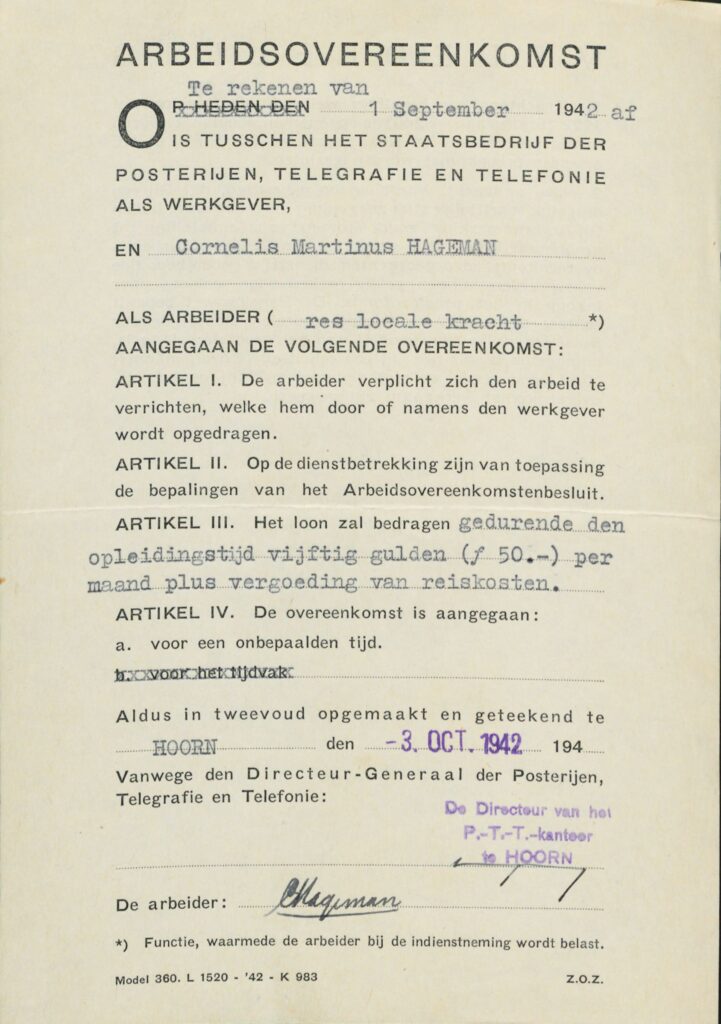 Arbeidsovereenkomst van Cornelis Hageman uit 1942, behorend bij zijn werkzaamheden bij het staatsbedrijf der Posterijen, Telegrafie en Telefonie