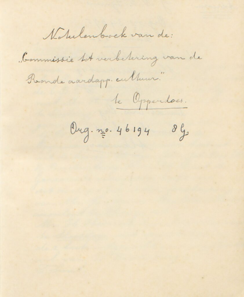 Eerste pagina uit het notulenboek van de Commissie tot verbetering van de ronde aardappelcultuur te Opperdoes.