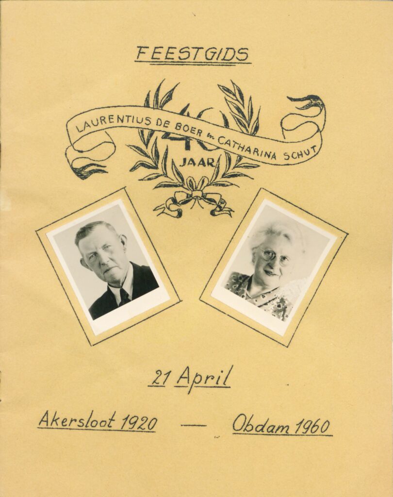 Feestgids ter gelegenheid van het 40-jarige huwelijk tussen Laurentius de Boer en Catharina Schut.