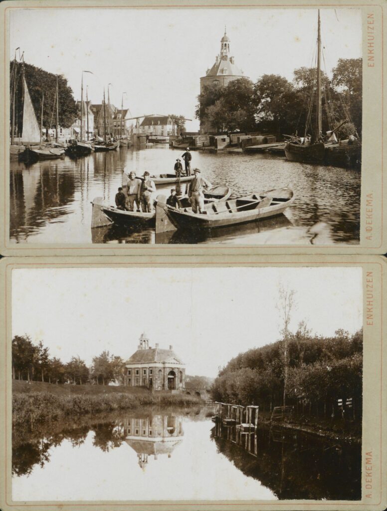 Twee foto's van Enkhuizen met uitzicht op de Dromedaris en de Koepoort.