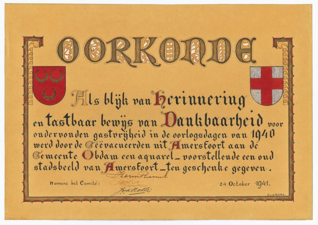 oorkonde van de stad Amersfoort aan de gemeente Obdam