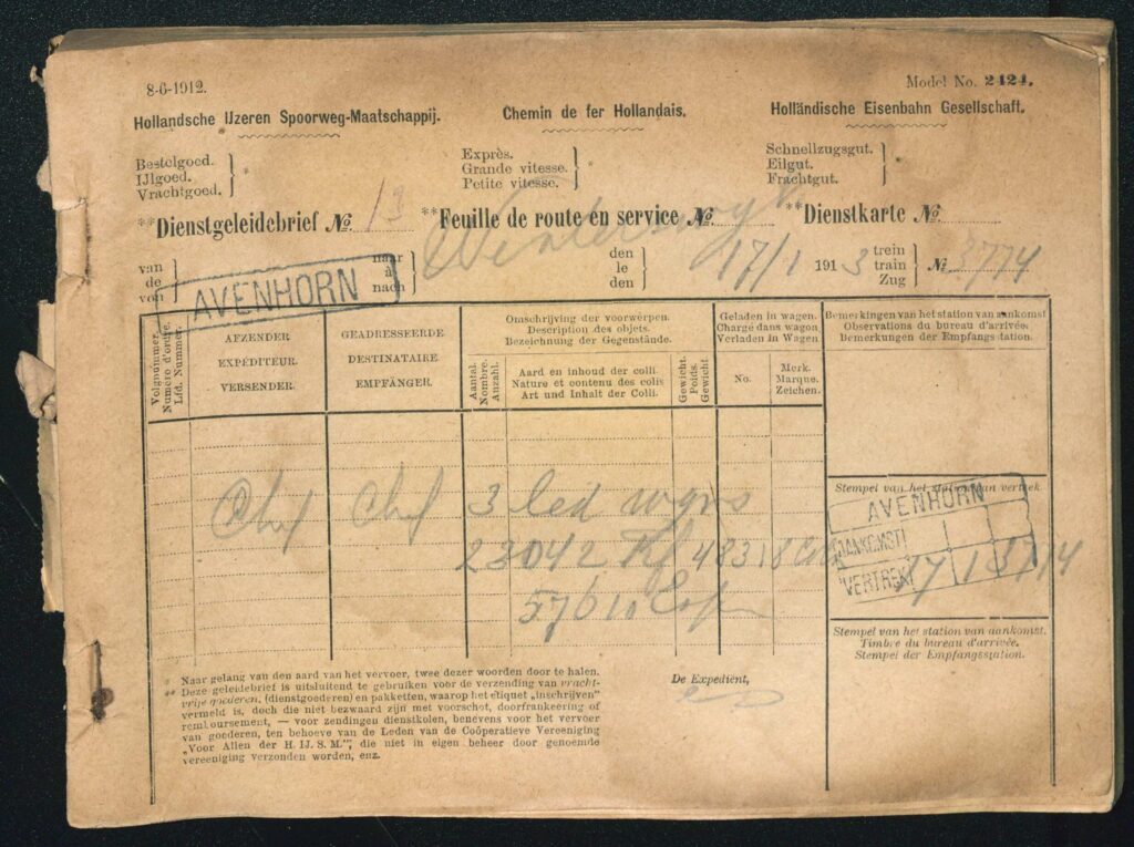 Pagina uit het boekje waarin de transportgegevens werden bijgehouden van station Avenhorn.