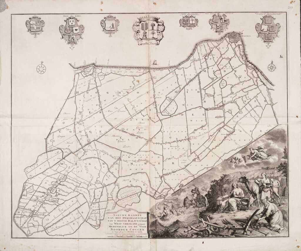 Ter illustratie is hieronder een afbeelding opgenomen van een eerdere druk van dezelfde koperplaat: Nieuwe Kaarte van het Dijkgraafschap van ’t Ooster Baljuwschap van West-Vriesland, genaamt Medenblick en de Vier Noorder Coggen.