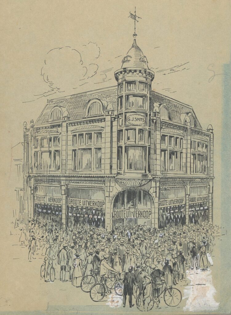 Prent van ‘Grootst Speciaalhuis voor Moderne Heeren- en Kinderkleeding, Hoeden, Petten, Sport- en Modeartikelen’ van G.J. Smits, gevestigd aan de Nieuwsteeg 22.
