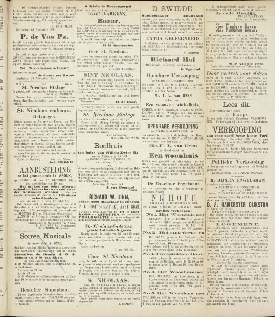 Krant van 1881 met verkopingen van woningen