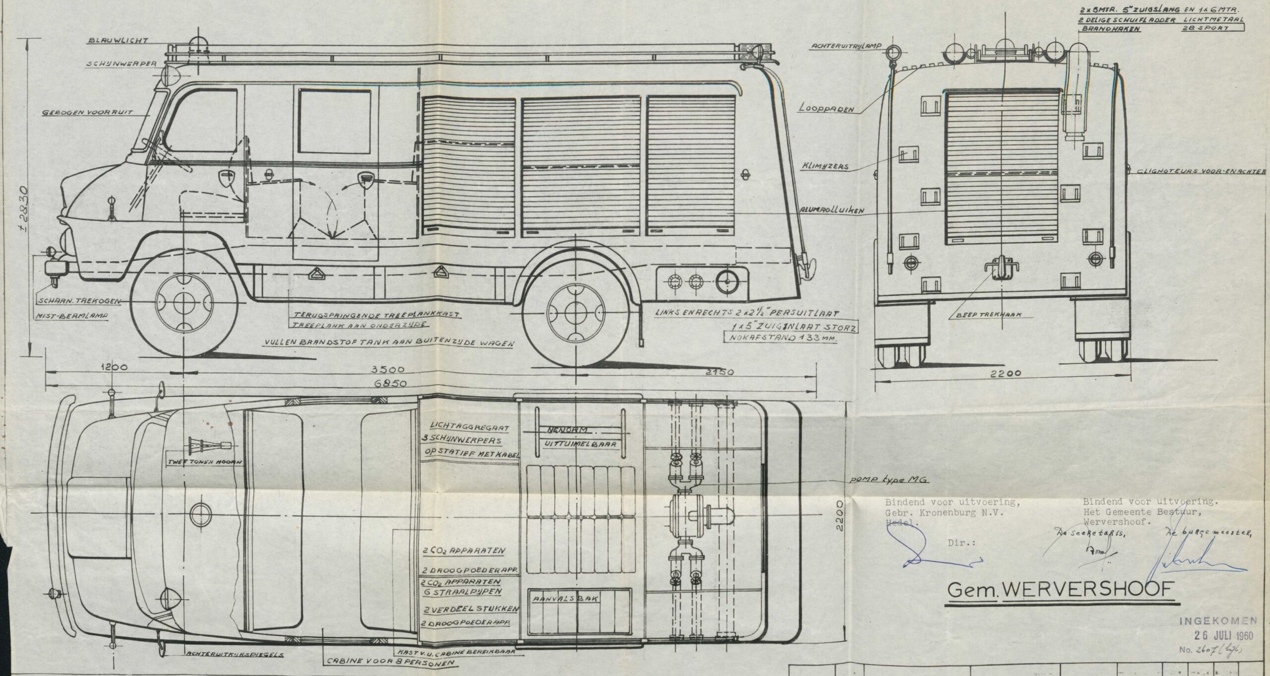 Technische tekening van een brandweerwagen uit 1960
