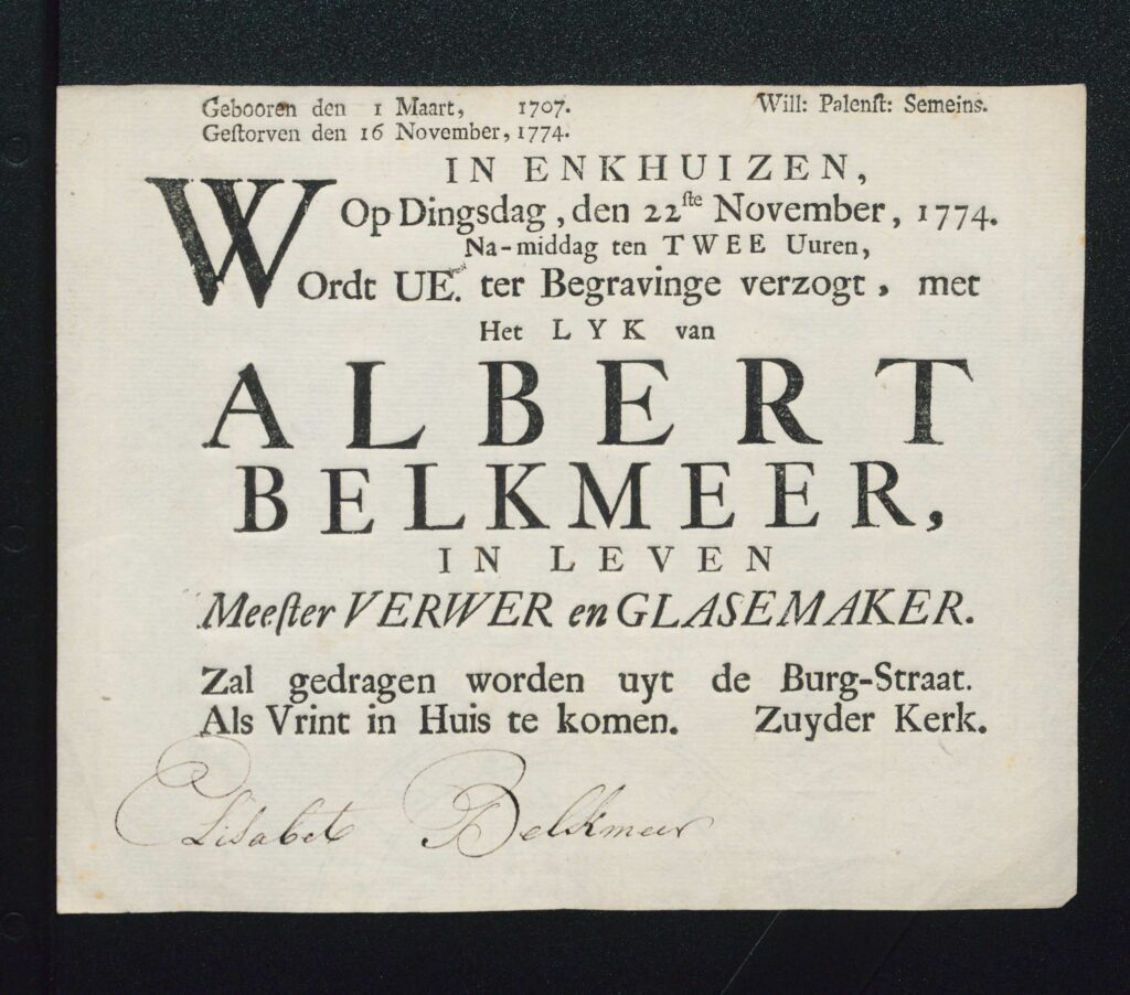 Rouwbrief van Albert Belkmeer uit Enkhuizen uit 1774.