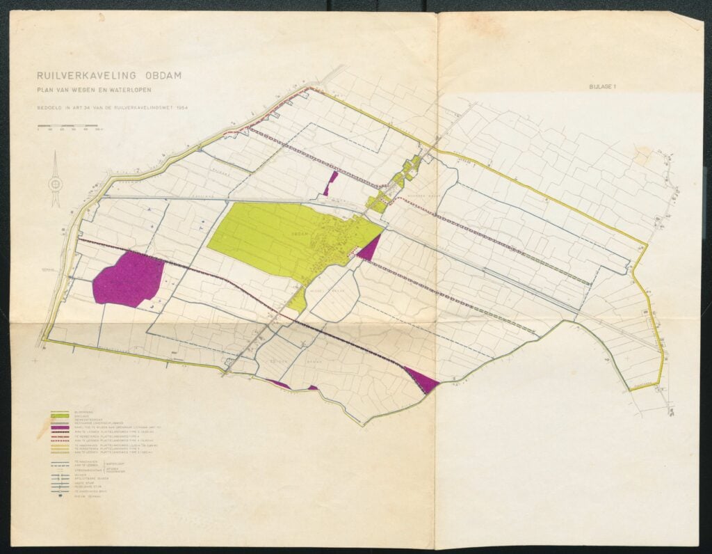 Kaart met het plan voor de wegen en waterlopen in het kader van de ruilverkaveling in Obdam